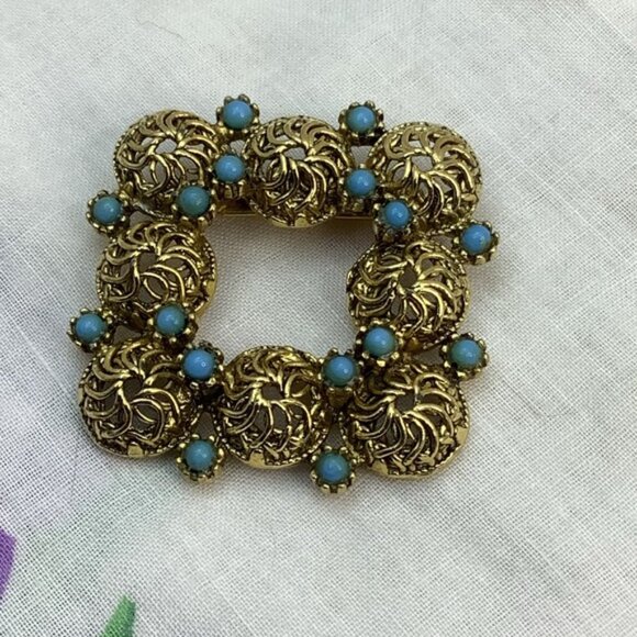 Vintage Stylish early 1950 Gold and Turquoise Brooch - Picture 4 of 6